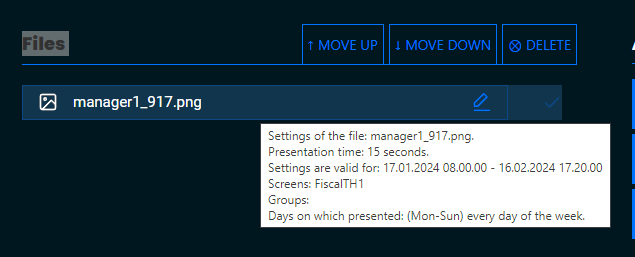 Picture of selected file's settings on hover state in FITS.