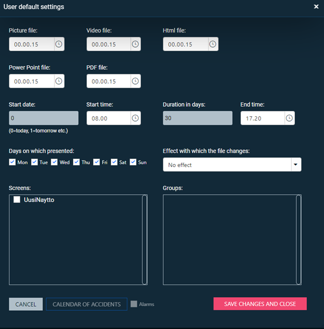 Picture of User default settings in FITS.