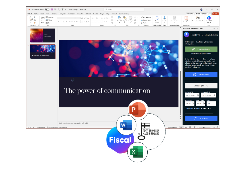 Fiscal-julkaisutyökalun avulla voit julkaista sisältösi suoraan tutuista Office-ohjelmista.