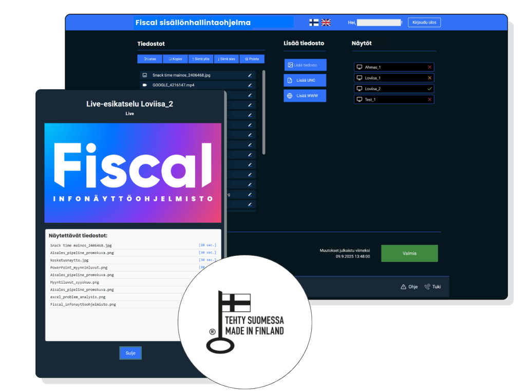 Kuva Fiscal-infonäyttöohjelmiston hallinta työkalusta.